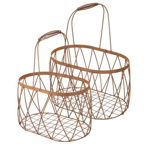 kohteita Soikea metallikori kahvalla, puutarhakoriste, ruosteenvärinen viimeistely, 30/25 cm, 2 kpl setti