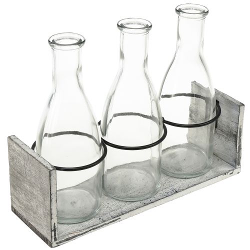 Maalaismainen pullosarja puukannattimessa - 3 lasipulloa, harmaa-valkoinen, 24x8x20 cm - Monipuolinen koristeluun