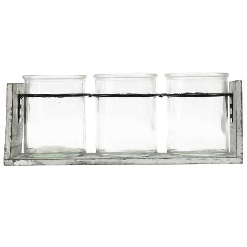 kohteita Maalaismainen lasiastiasetti harmaavalkoisessa puutelineessä - 27,5x9x11 cm - Monipuolinen säilytys- ja koristeratkaisu