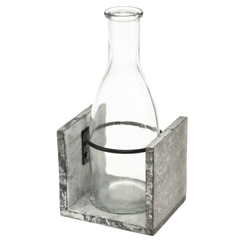 Lasimaljakko harmaassa puutelineessä, 9,5x8x20cm - Maalaismainen koristelu 4 pullolla