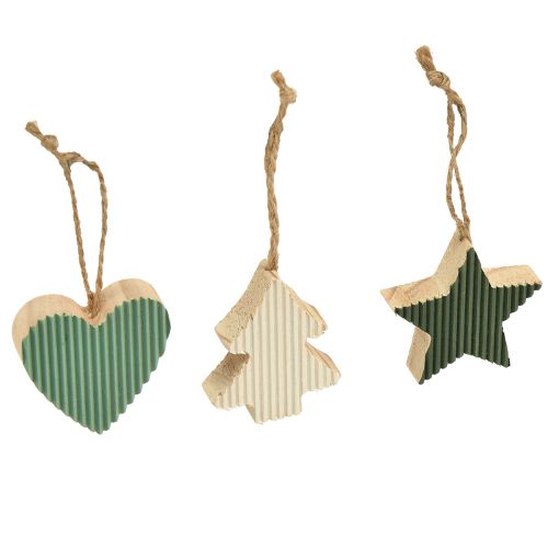 Floristik24 Joulukuusi puinen riipussetti, sydän-puu-tähti, mintunvihreä-valkoinen, 4,5 cm, 9 kpl - Joulukoristeet