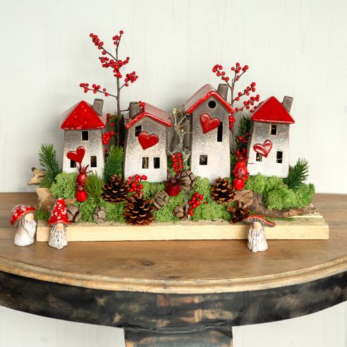 Romanttiset keraamiset talot sydänaiheella – punaiset &amp; luonnolliset sävyt, 11cm – rakkaudella suunniteltu talvikoristelu – 3 kpl