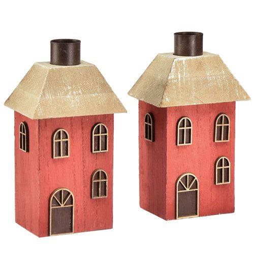 Kynttilänjalka talon puinen punainen tikku kynttilänjalka H14,5cm 2kpl
