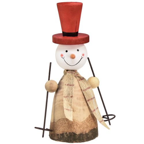Lumiukko puusta koristeellinen figuuri hattu punainen luonnollinen H20,5cm