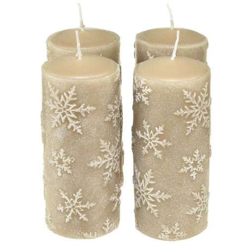 Pilarikynttilät beige kynttilät lumihiutaleet 150/65mm 4kpl